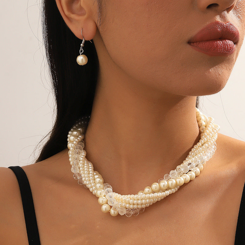 Multi Layered Pearl Crystal Beads Choker Collar Necklace