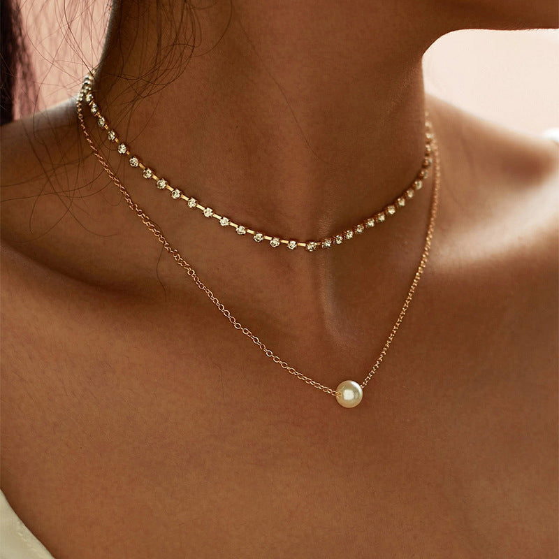 Imitation Pearl Pendant Necklace Zircon Chain