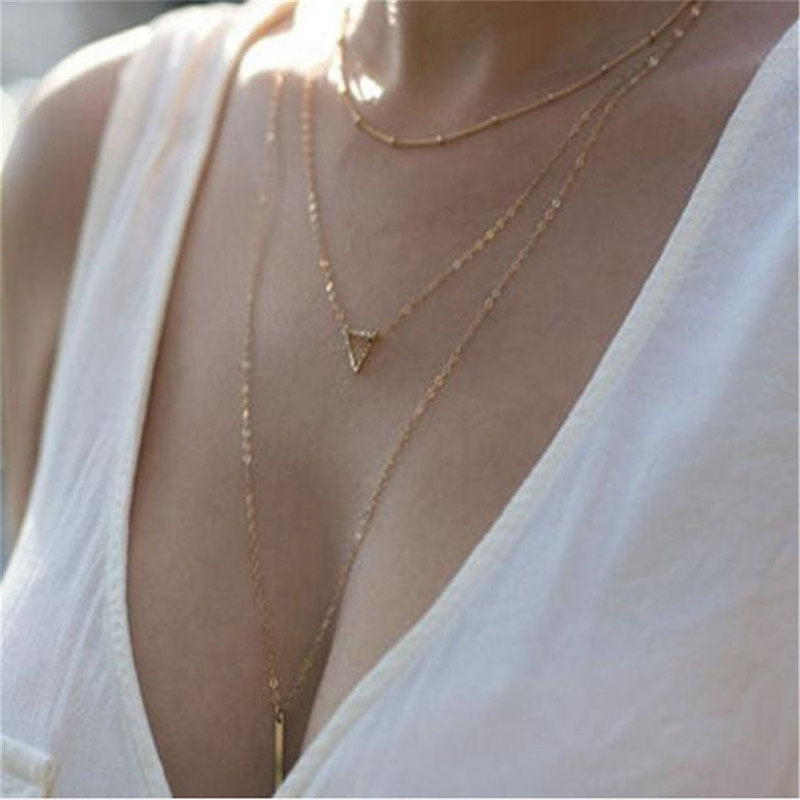 Geometric Triangle Stick Long Pendant Multi-Layer Necklace
