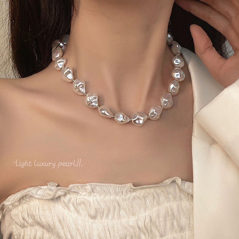 Irregular Baroque Pearl Beaded Necklace for Women Gold Pleated OT Clasp Choker