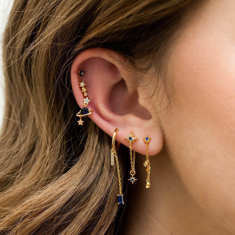 Stacking 6 Pieces Planet and Long Tassel Earring Set with Micro-Pavé Dazzling Zircons, 18k Gold Plated Ear Studs & Ear Drops, Stacked Lobe Design