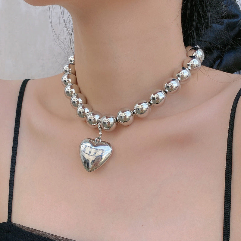 Exaggerated Big Chunky Heart CCB Round Ball Bead Necklace