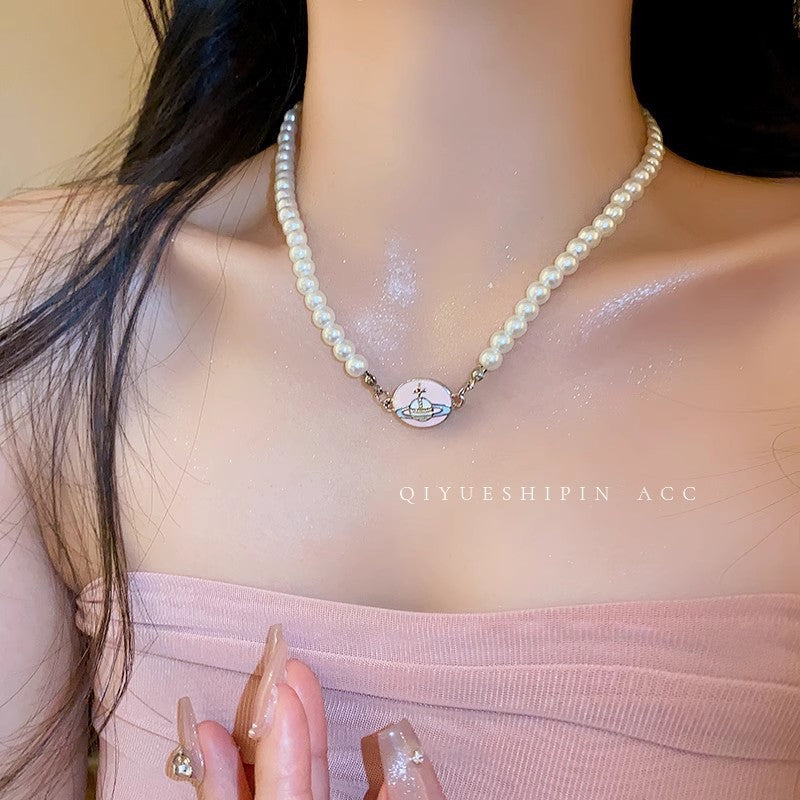 Pink Color Pearl Saturn Necklace