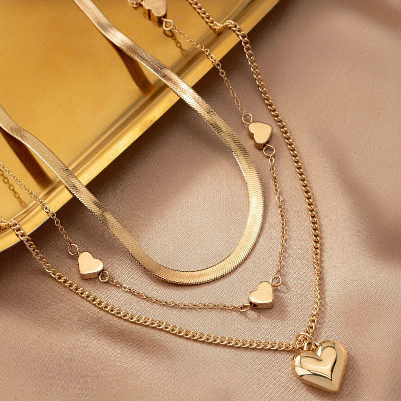 Multi Layered 3pcs Peach Heart Pearl Snake Chain Necklace