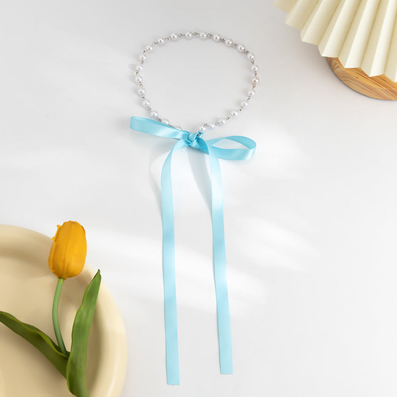 Elegant Pearl Bow Knot Choker Necklace Long Ribbon