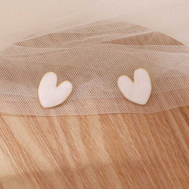 White Enamel Heart Love Stud Earrings