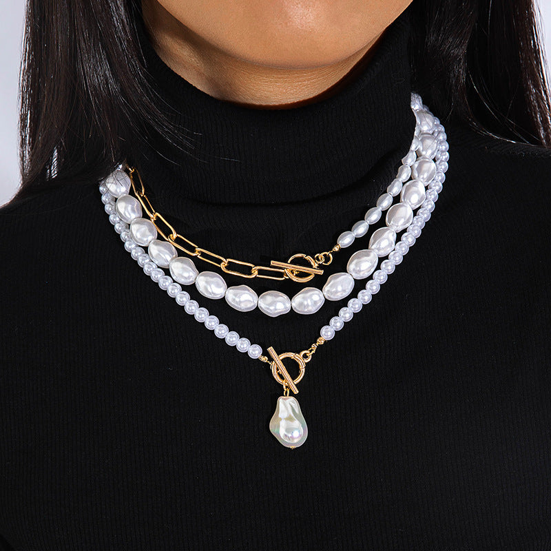 Vintage Chain Pearl Necklace Multilayer Geometric