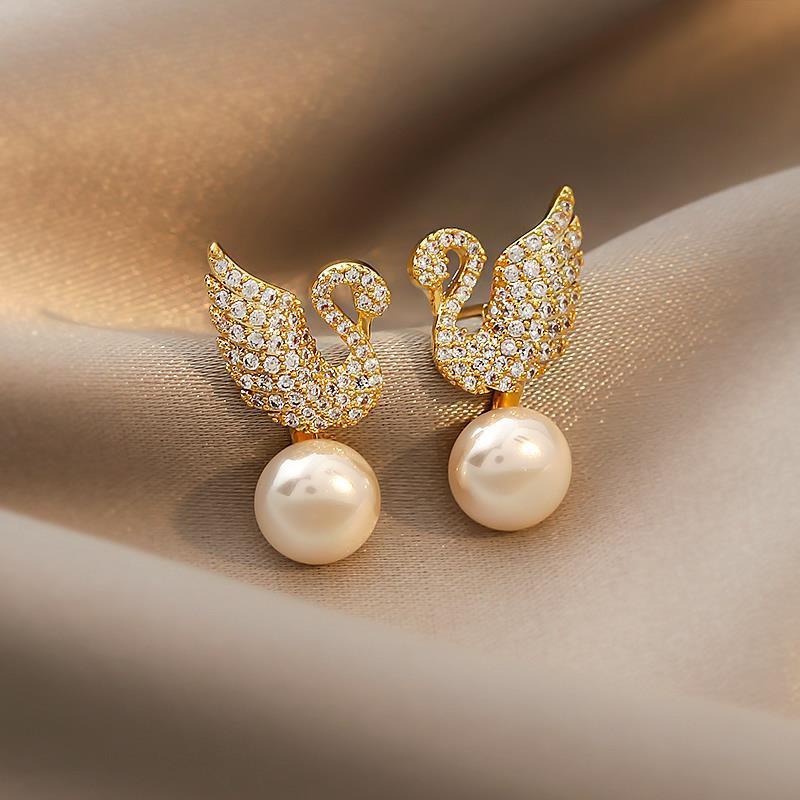 Crystal Swan Rhinestone Pearl Earrings