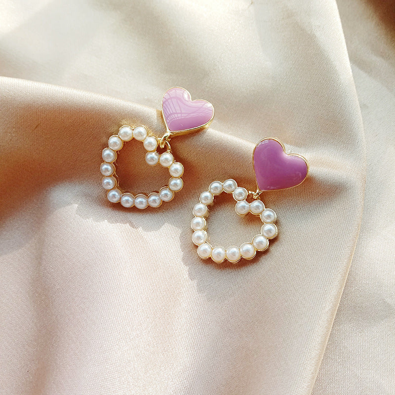 Sweet Heart Earrings Geometric Hollow Love Pearl Earrings