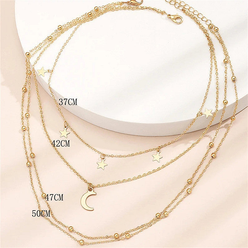 Three layer Chain Star Moon Pendant Necklace
