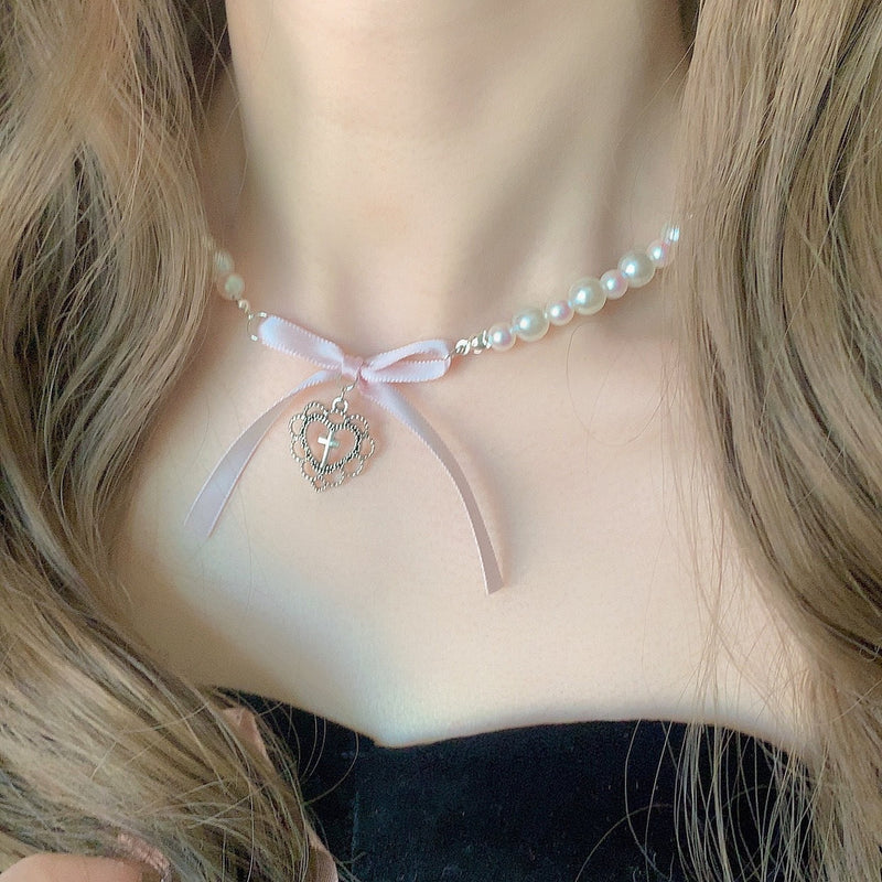 Pink Bow Love Cross Pearl Necklace Chain Collar