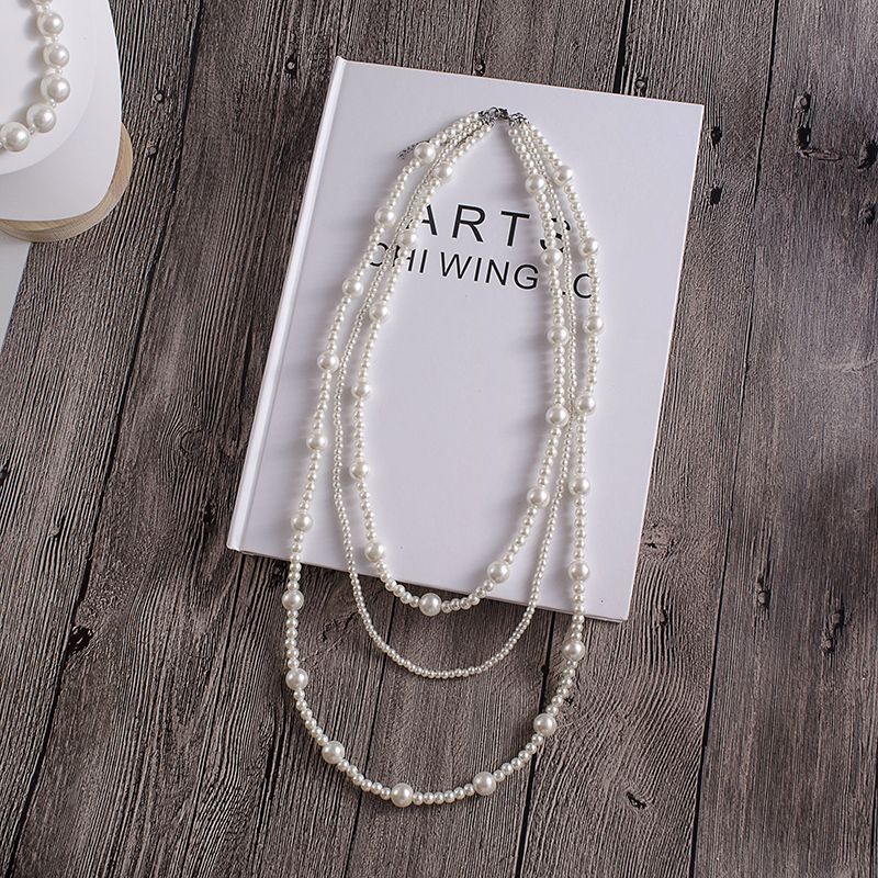 Round Glass Pearl Layer Necklace Vintage Beaded Sweater Chain