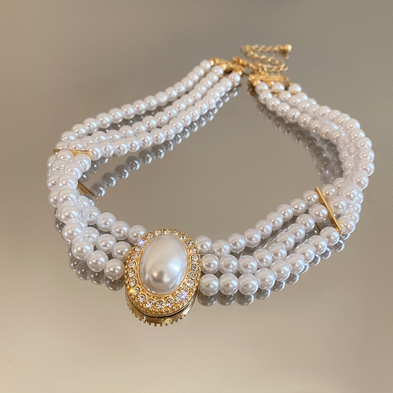 Handmade 3-Layer Retro Necklace for Women round Imitation Pearl Choker