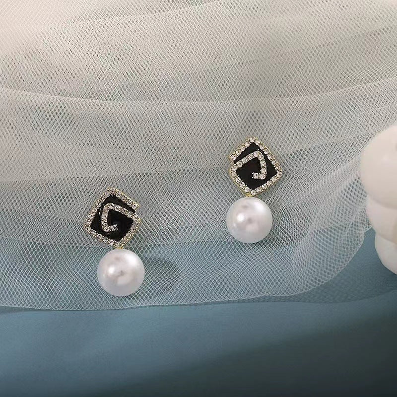 Geometric Square Black Enamel Pearl Earrings