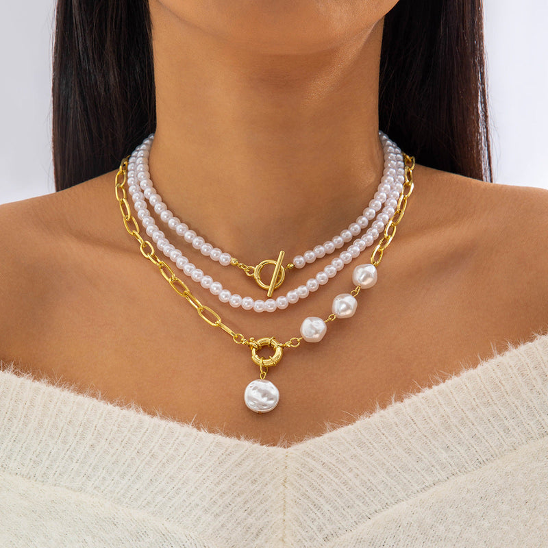 Vintage Chain Pearl Necklace Multilayer Geometric
