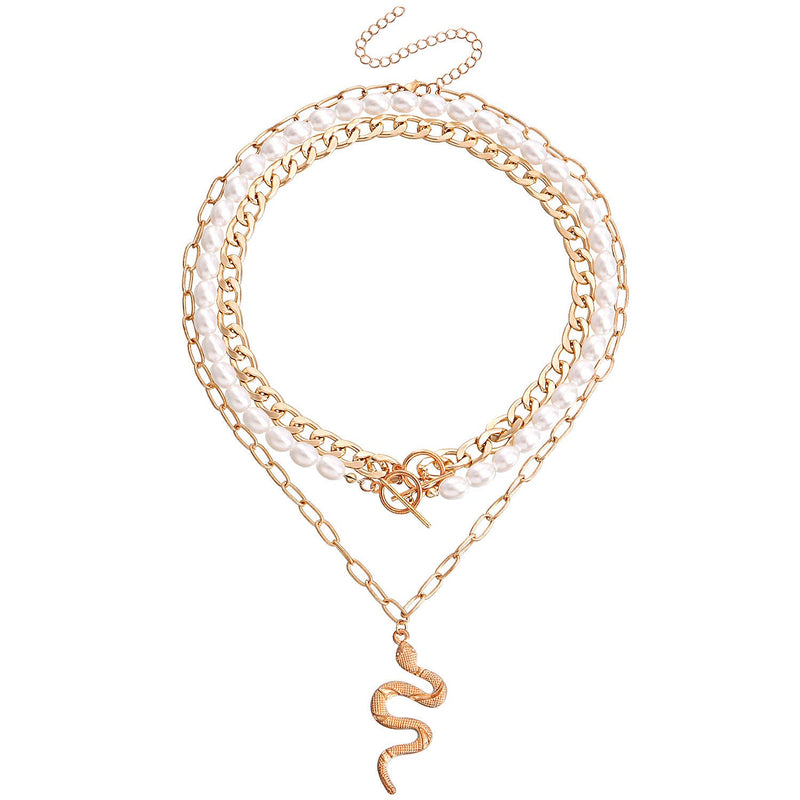Cuban Chain Multi Layered Gold Snake Pendant Necklace