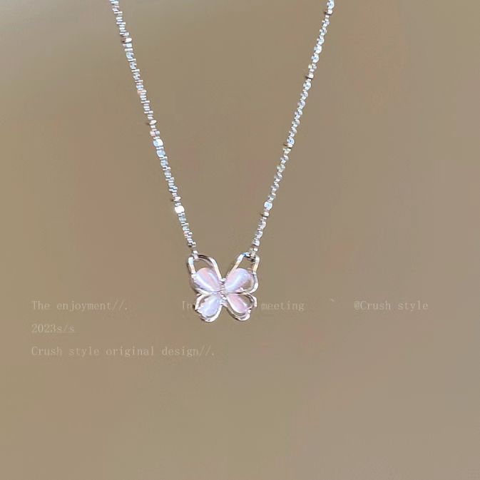 Strawberry Crystal Hollow Butterfly Pendant Necklace