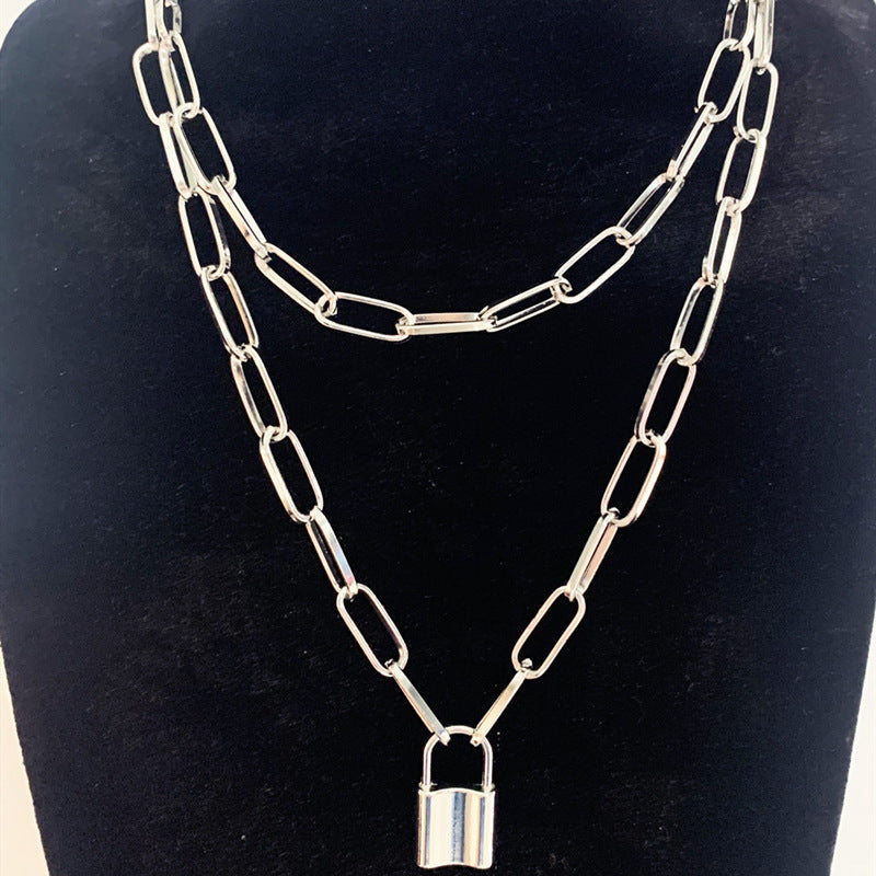 Punk Double Layer Lock Chain Necklace Padlock Pendant for Women