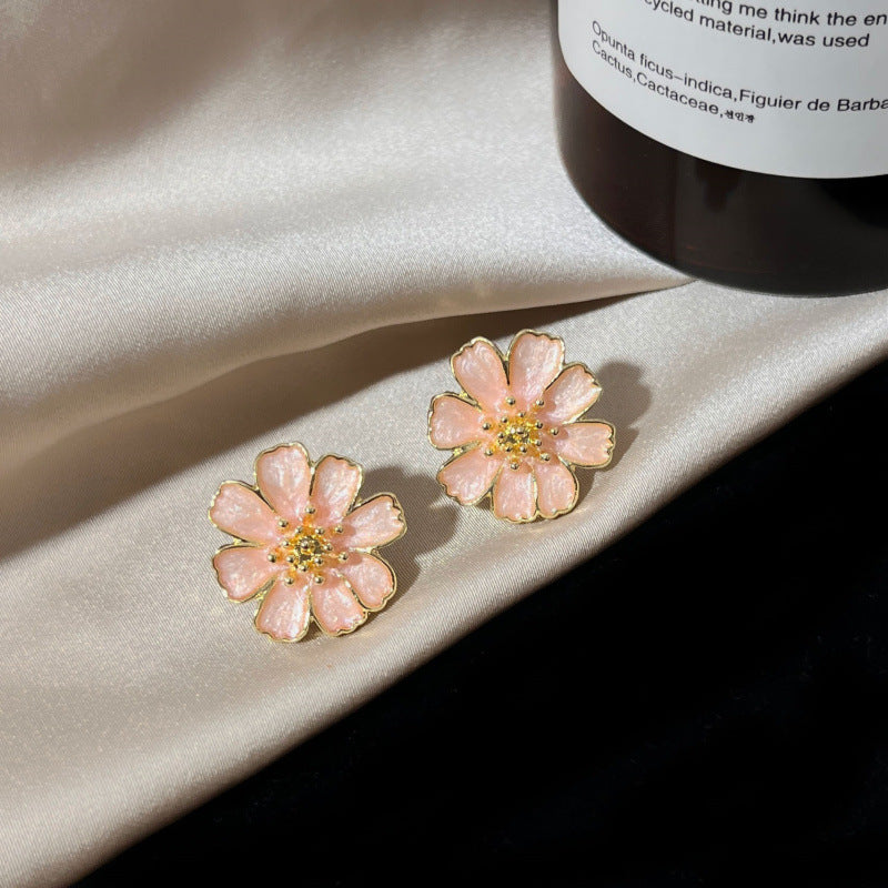 Pink Enamel Floral Stud Earrings