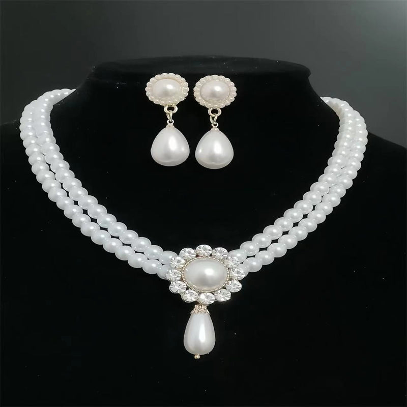 Pearl Double Clavicle Chain Stone Round Pearl Earring Necklace Set