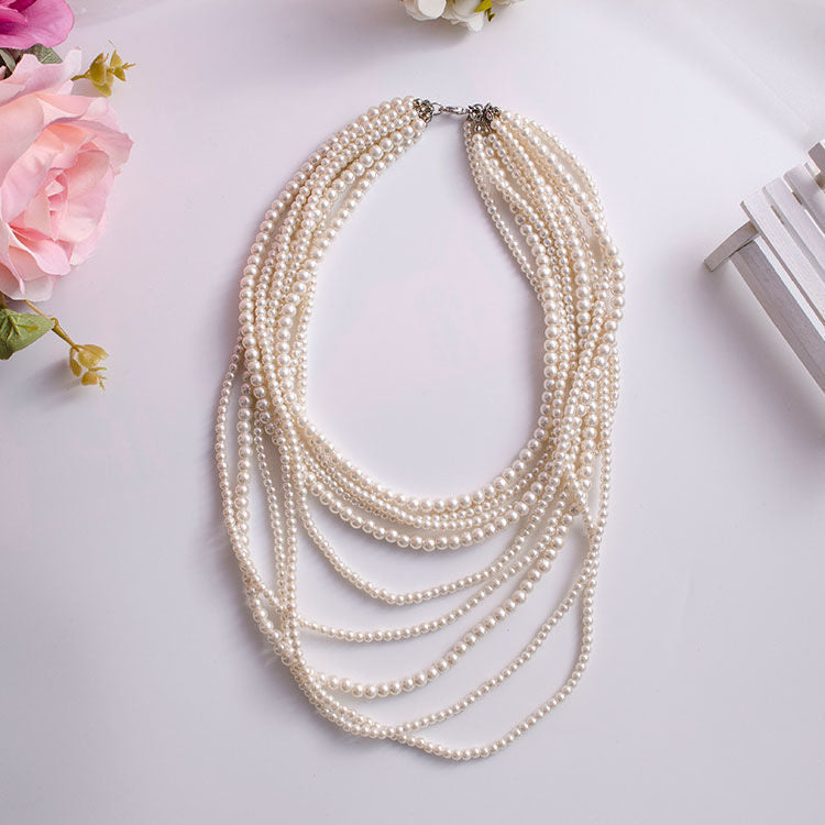 Beaded Pearl Strand Layered Long Fashion Jewelry Necklace