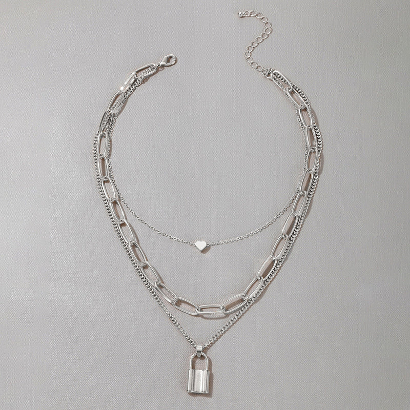 Multi Layered Thick Chain Love Lock Pendant Choker Necklace