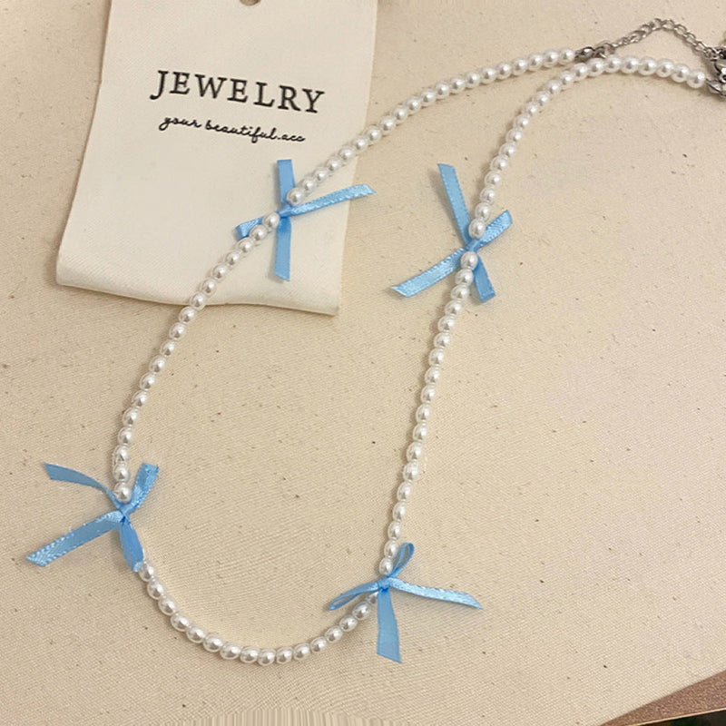 Cute Silk Ribbon Bow Charm Rice Beads Short Choker Necklace