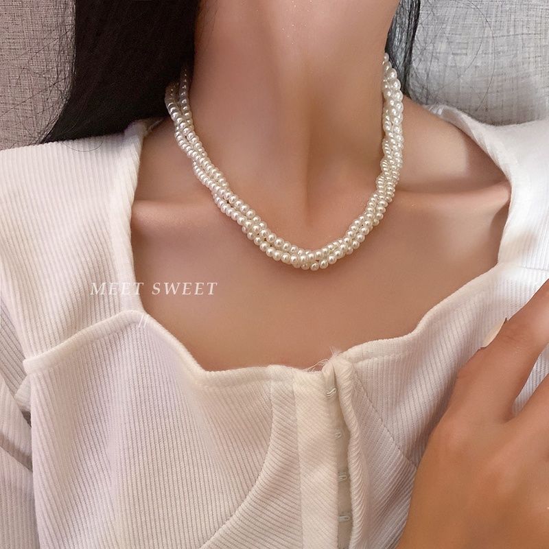 Multi layers women choker Pearl Necklace Round Twisted