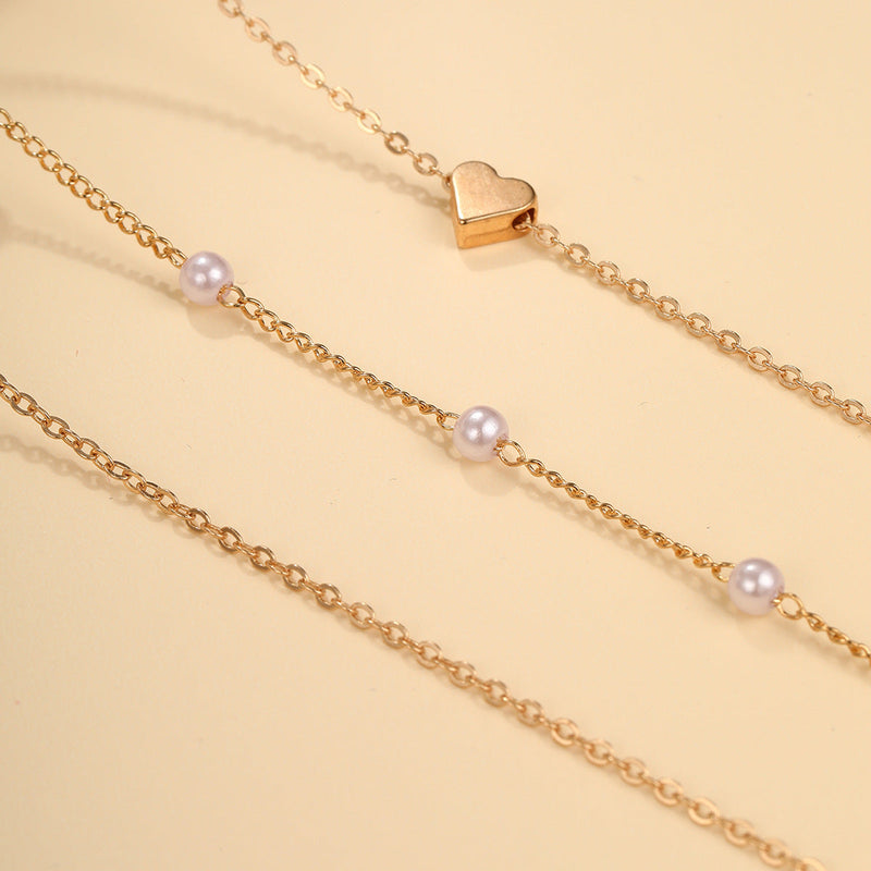 Alloy Heart Necklace Double Layer Fashion Chain Pearl Necklace