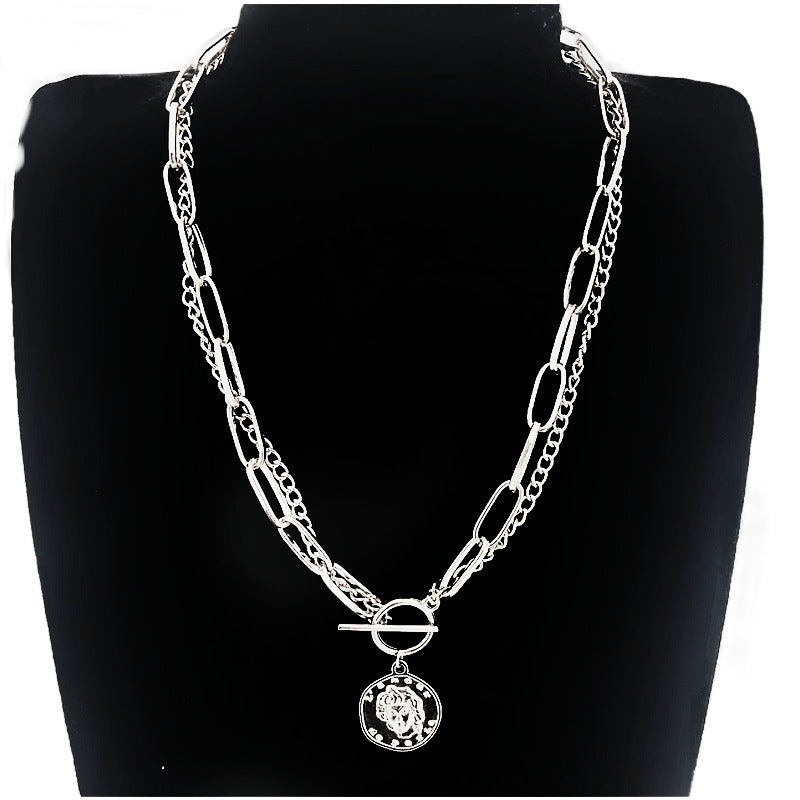 Double Layer Stacked Women Necklace Circular Pendant