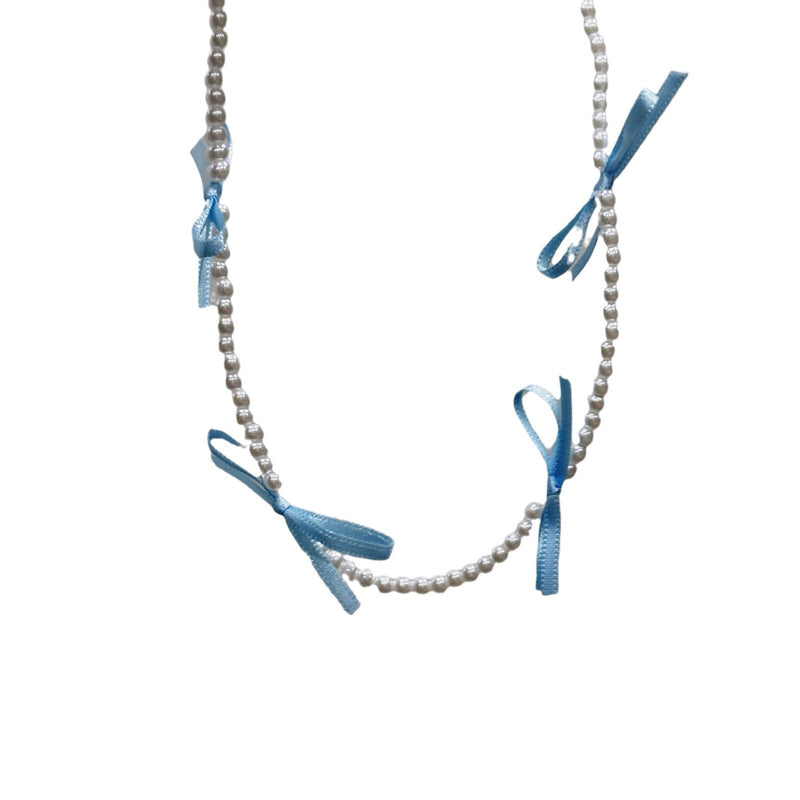 Cute Silk Ribbon Bow Charm Rice Beads Short Choker Necklace