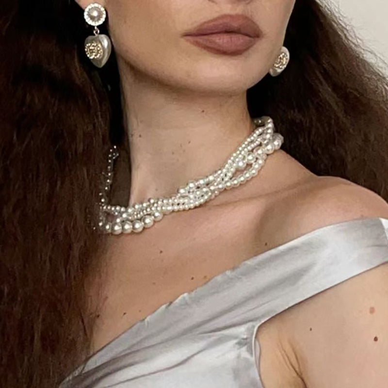 White Pearl Layered Necklace Multi Strand Beaded Pearl Necklace