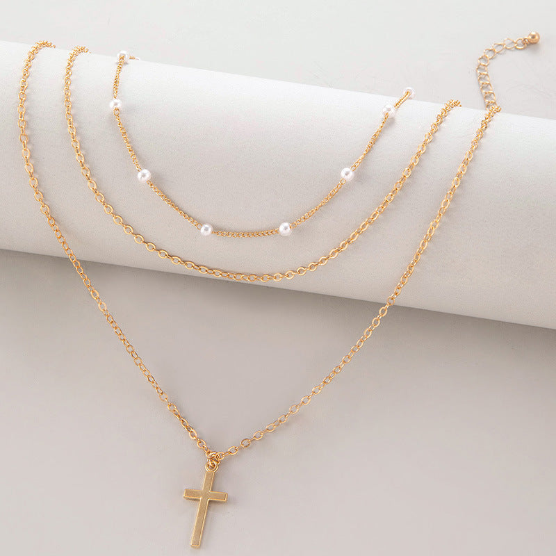 Multi-Layer Chain Pearl Cross Necklace