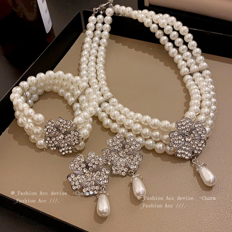 Multi-layered Pearl Flower Stone Necklace Earrings Bracelet Fashion Jewelry Set