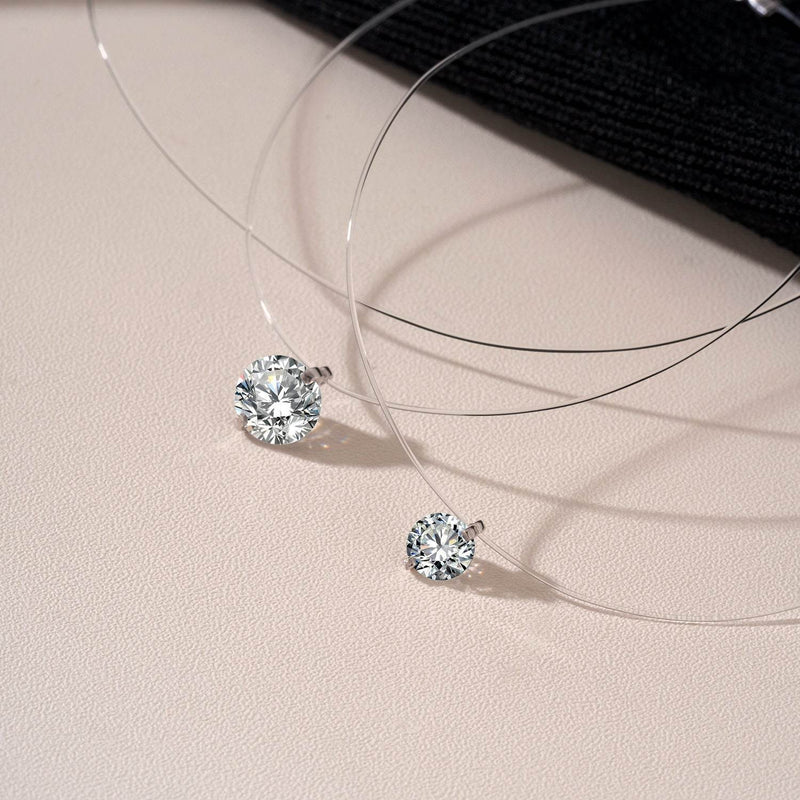 Sterling Silver Moissanite Pendant Necklace – Invisible Floating Dainty Choker, Adjustable 15.7in + 2in (0.5–3ct), Mermaid Tear Design