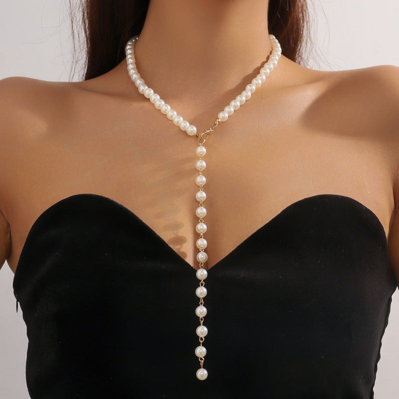 Vintage Round Bead Chain Beaded Necklace Simple Imitation Pearl Tassel