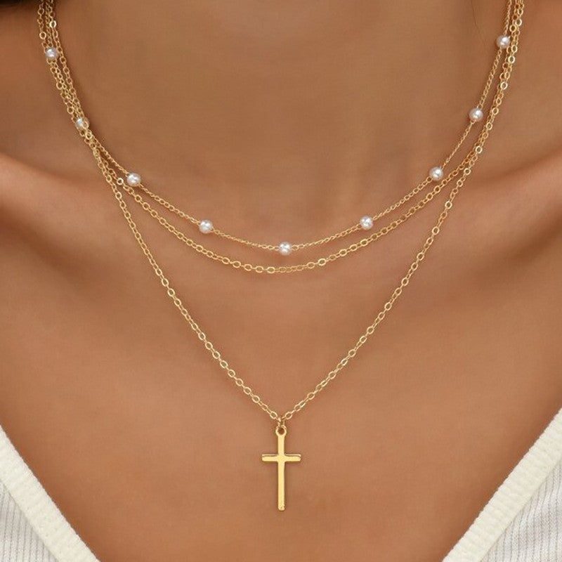 Chain Cross Three-layer Pearl Chain Cross Necklace