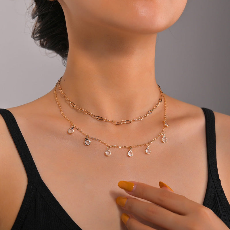 Double Layer Chain Crystal Pendant Necklace