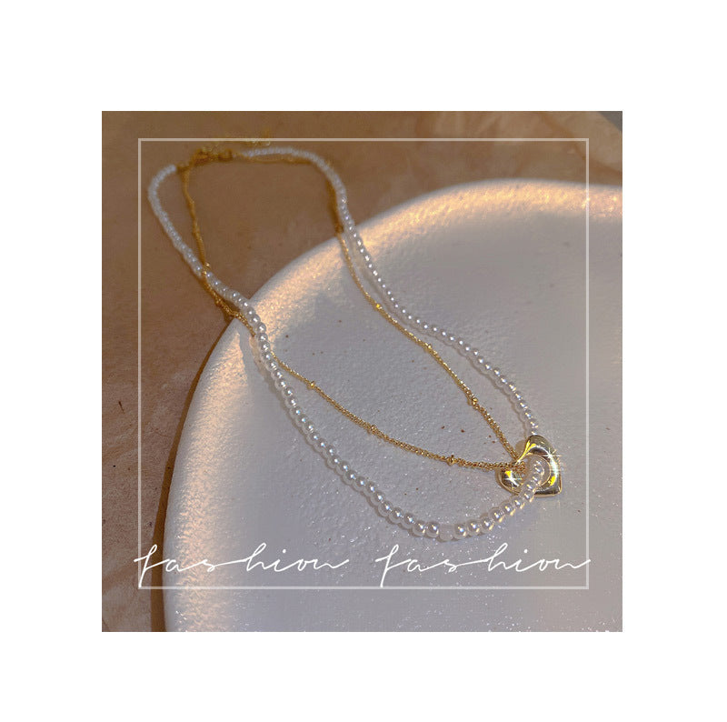 Pearl Heart Link Chain Double Layer Chains Necklace