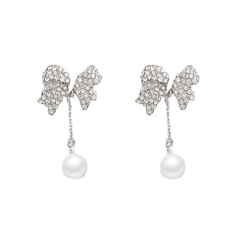 Crystal Rhinestone Bow Pearl Drop Stud Earrings
