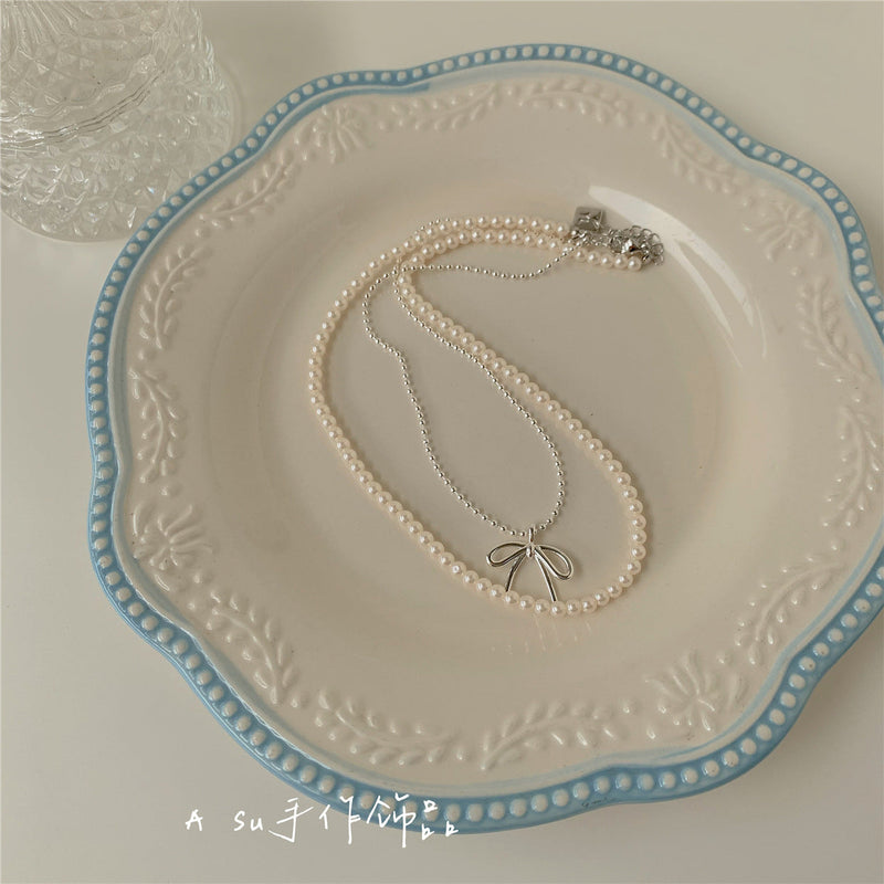Bow Knot Shape Necklace Women Pearl Beads Necklace