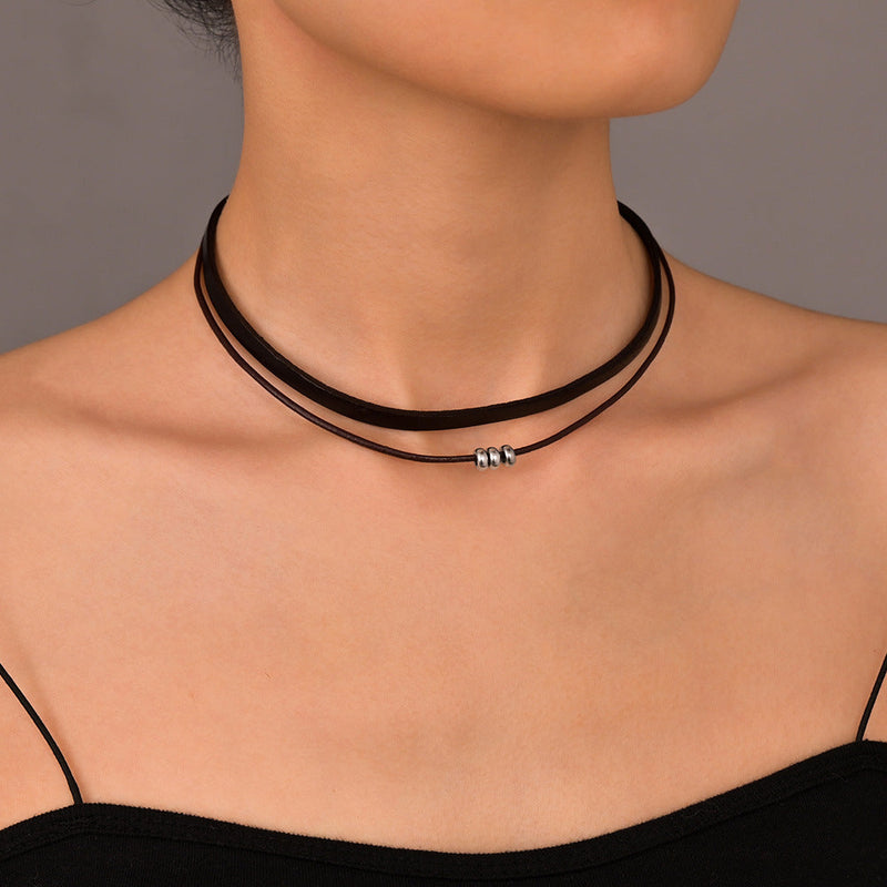 Leather Black Layered Beaded Velvet Choker Necklace