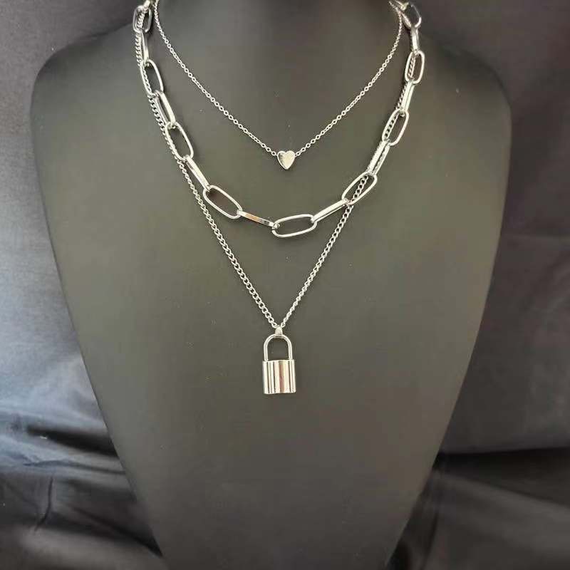 Multi-layer Chain Heart Lock Shaped Pendant Necklace