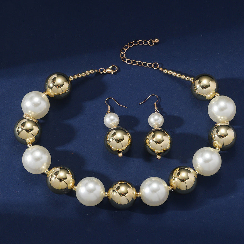 Exaggerated Multi-Layer Pearl Pendant Earring and Necklace Set