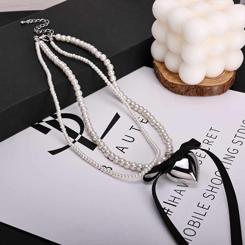 Multi-layer love Pearl Bow Necklace