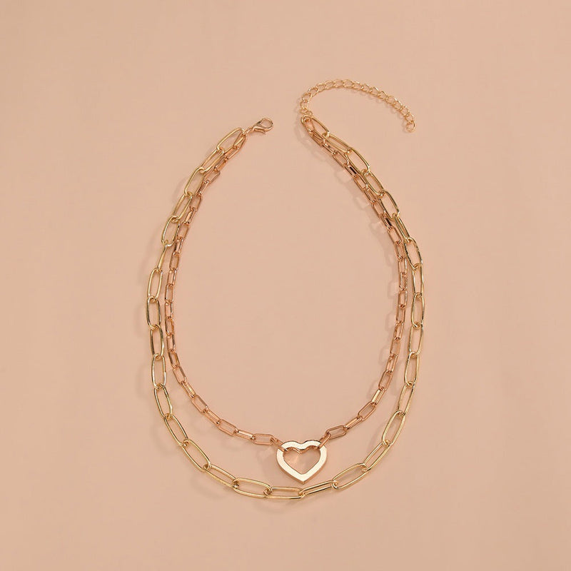 Punk Chunky Choker Double Heart Multi Layer Paper Clip Necklace