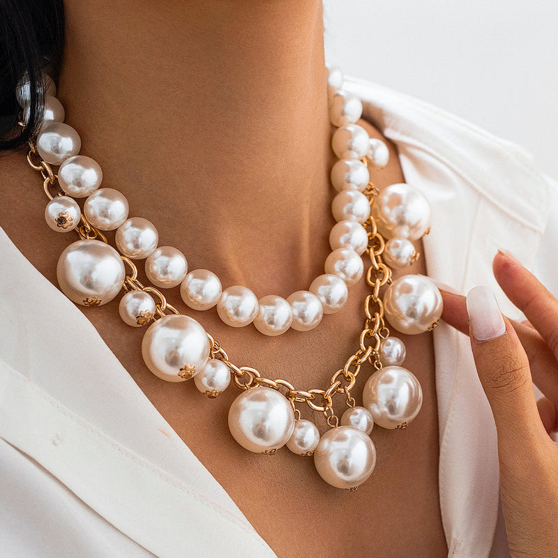 Exaggerated Large Pearl Tassel Clavicle Chain Layered Pearl Beaded Necklace