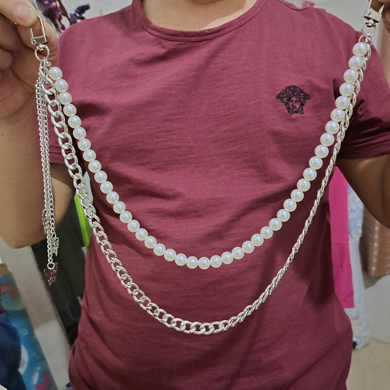 Geometry Butterfly Pendant Metal Pearl Chain Trousers Chain