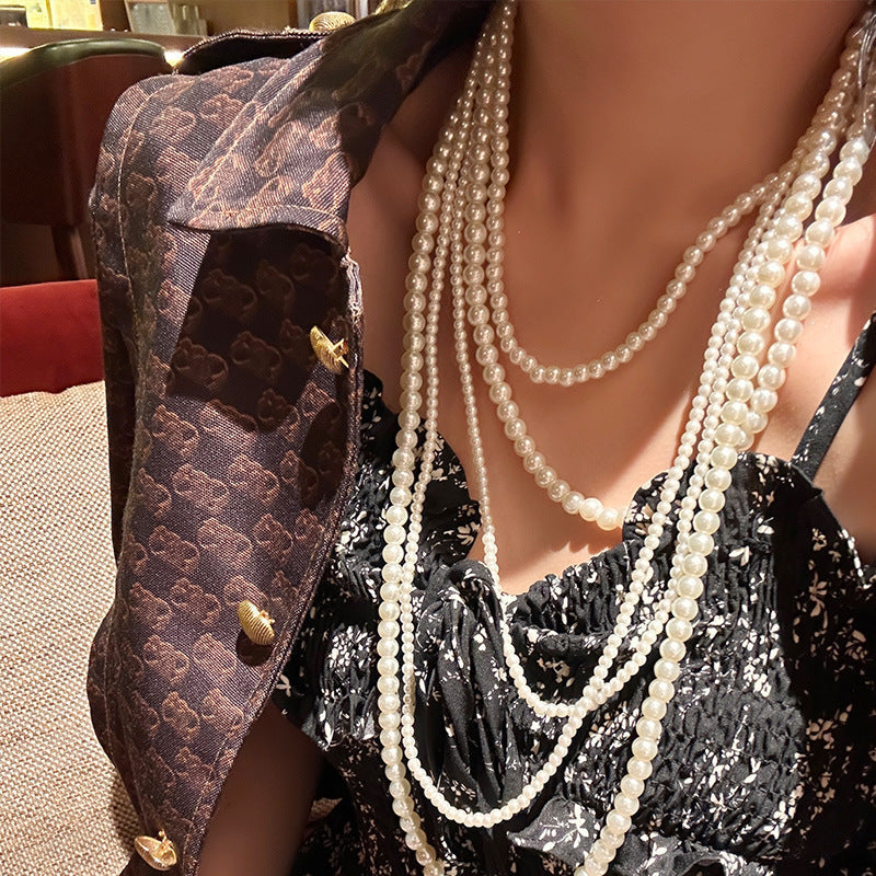 Layers Pearl Beaded Necklace Long Jewelry Women