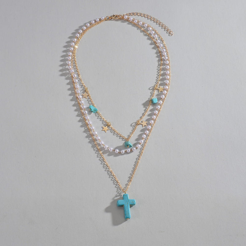 Turquoise Cross Pendant Stars Stone Pearl Multi-Layered